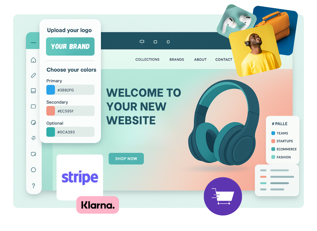 Website builder interface, includes logo upload, color selection, and integrated payment processors.