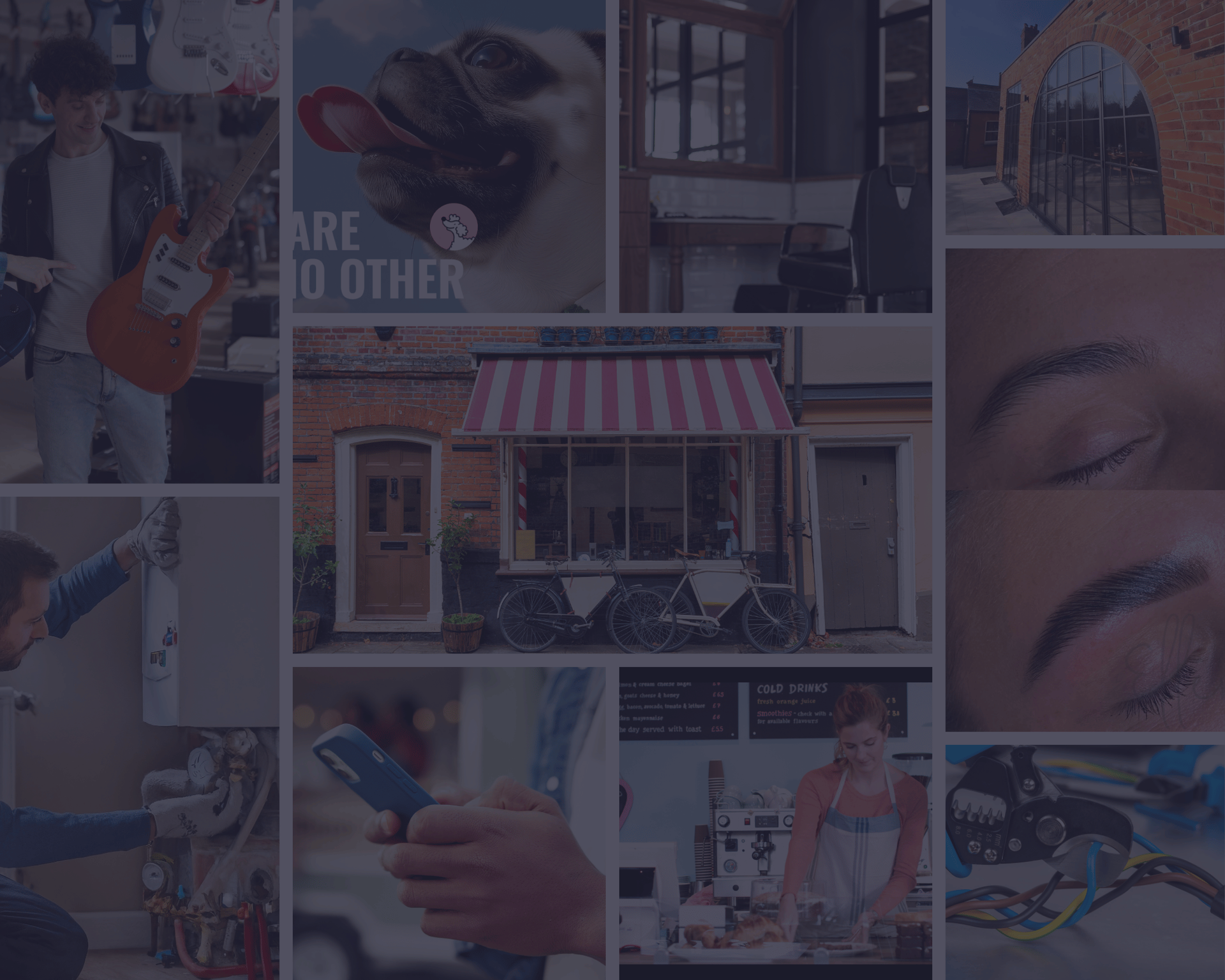 Collage with various scenes: person with guitar, dog, building exterior, cafe, plumbing work, and more.