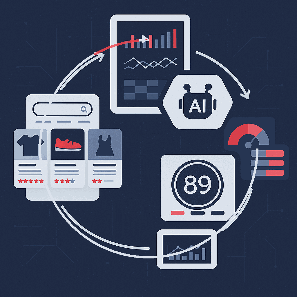 AI-powered e-commerce cycle. Search results, AI analysis, data visualization, and a customer satisfaction score are depicted.