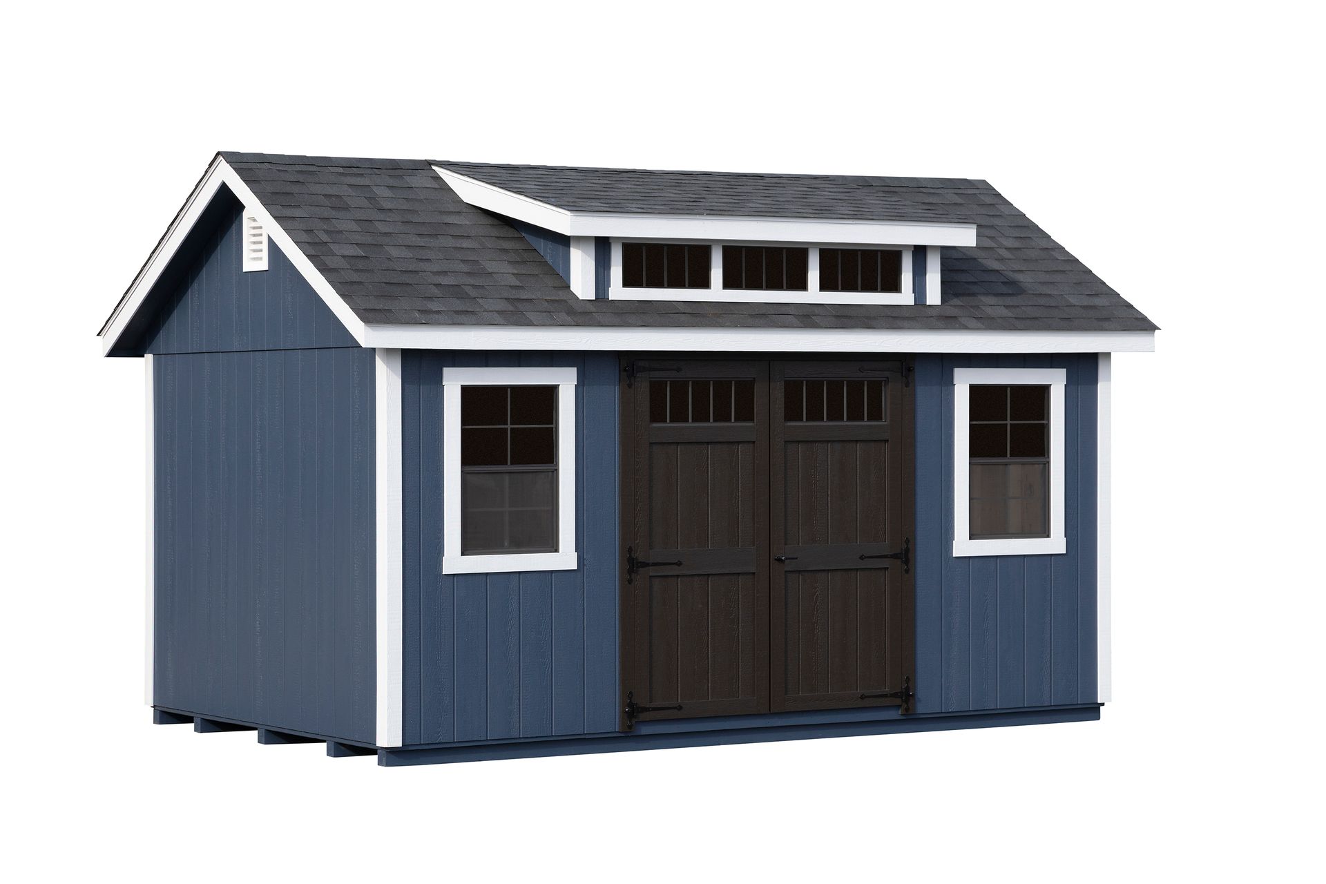 Blue shed with white trim, dark brown double doors, and small windows.