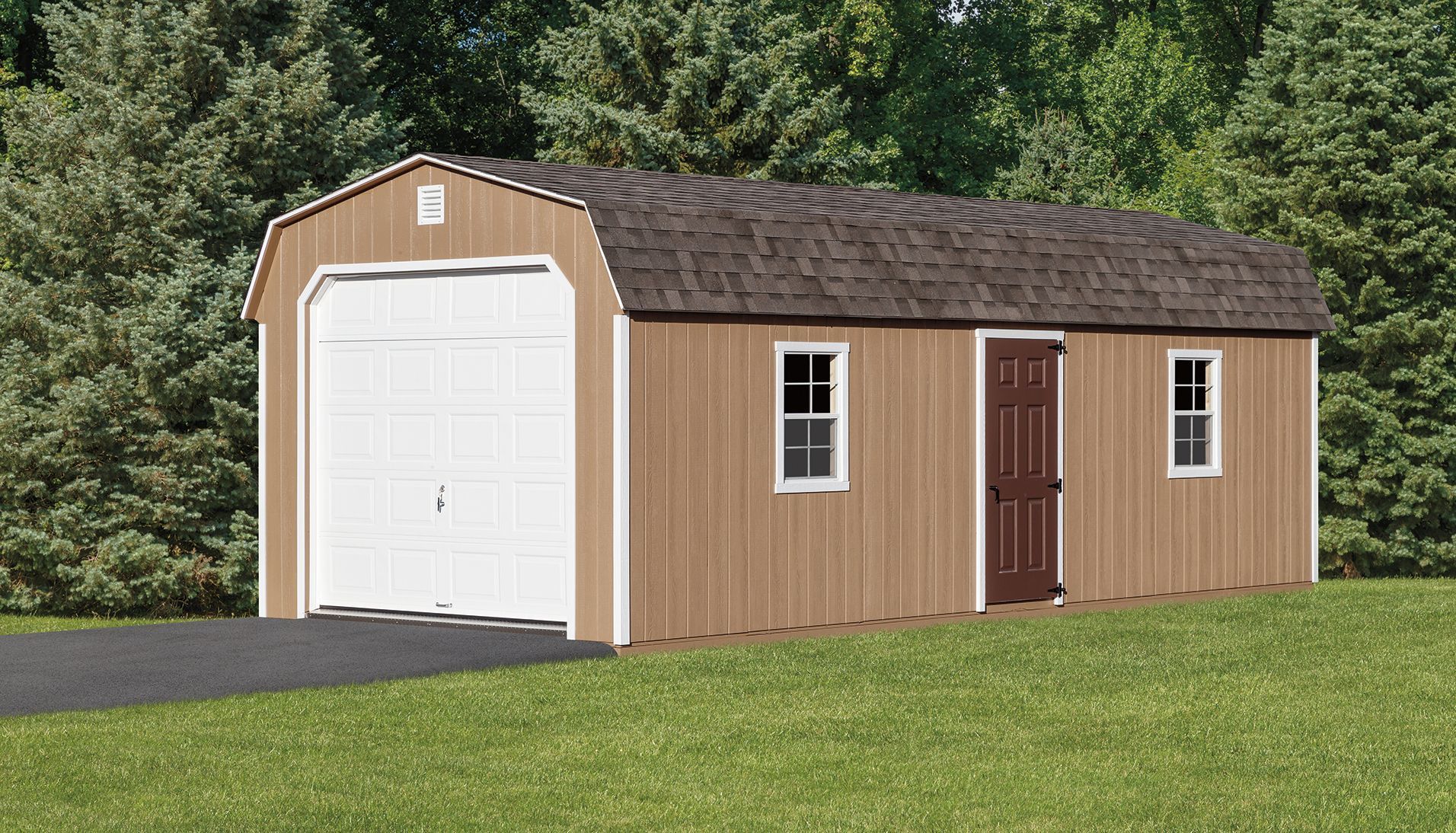 Tan shed with a white garage door, brown roof, and small windows on a green lawn.