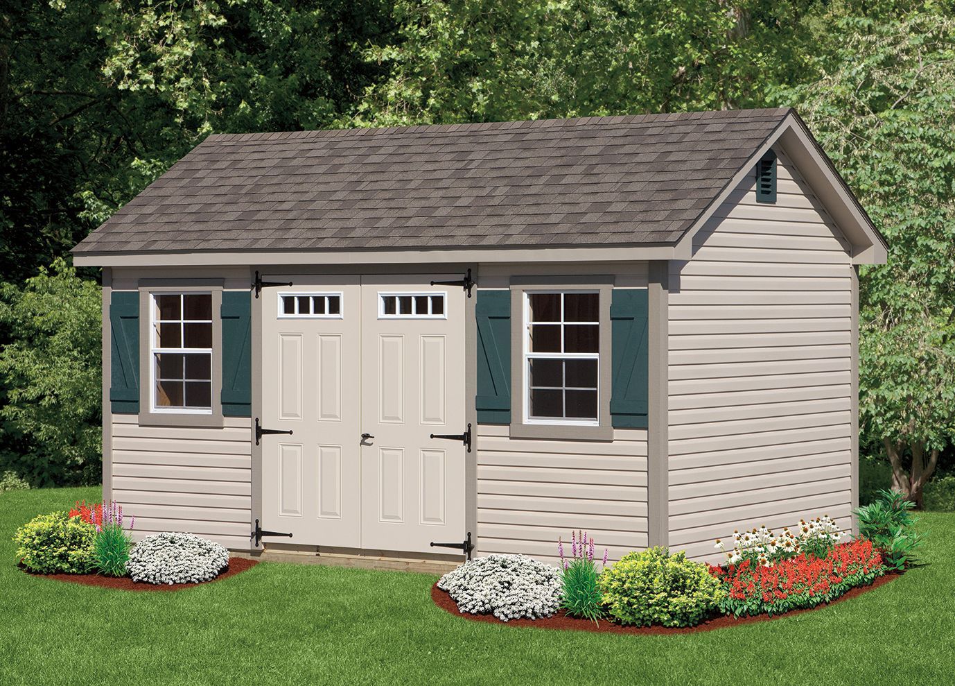 Tan backyard shed with dark roof, double doors, and shuttered windows, set in a garden.