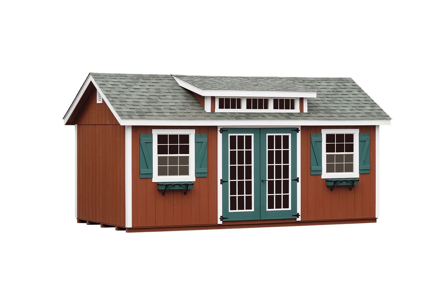 Red wooden shed with white trim, green shutters and doors, and a gray roof.
