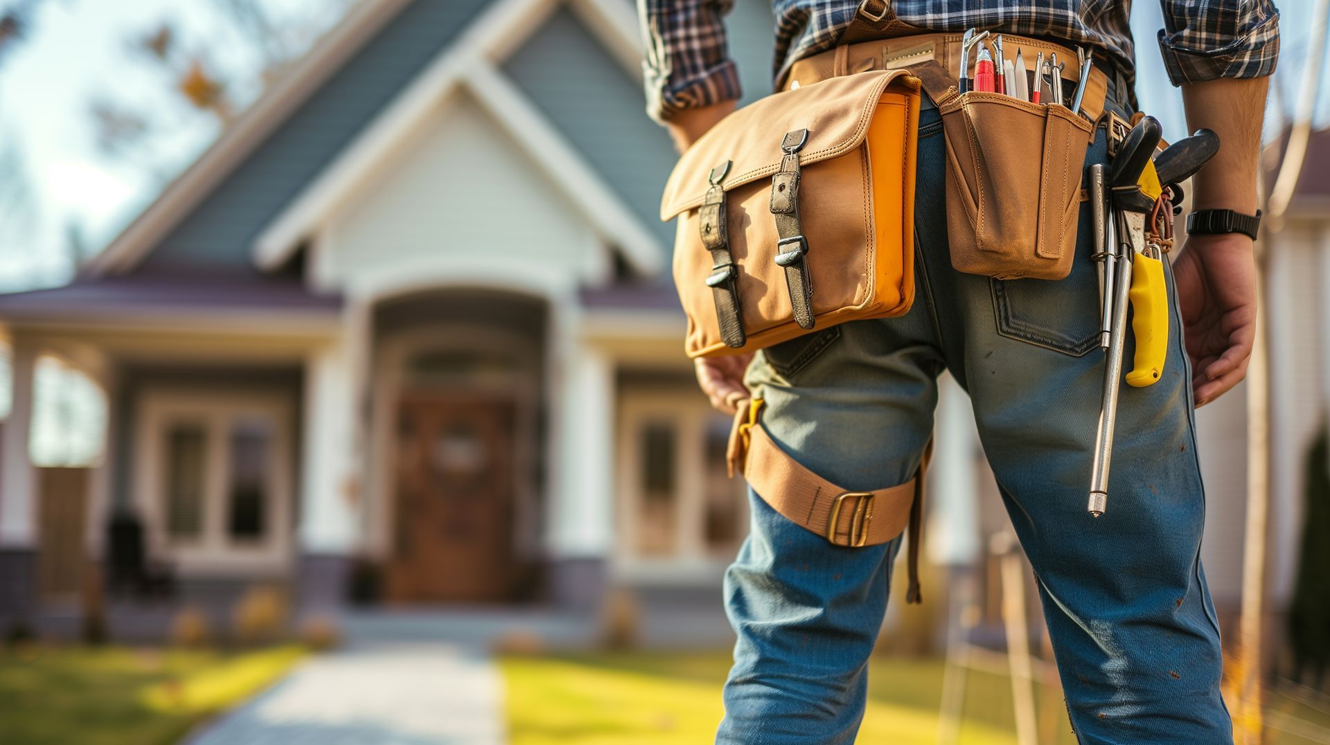 Person wearing a tool belt with hand tools outside a house.