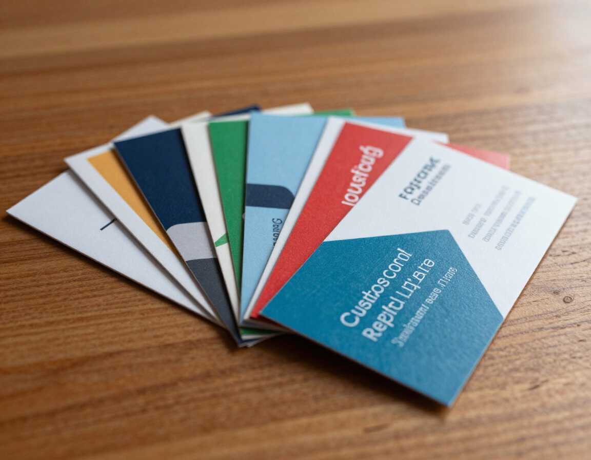 Full-color business cards on wooden desk