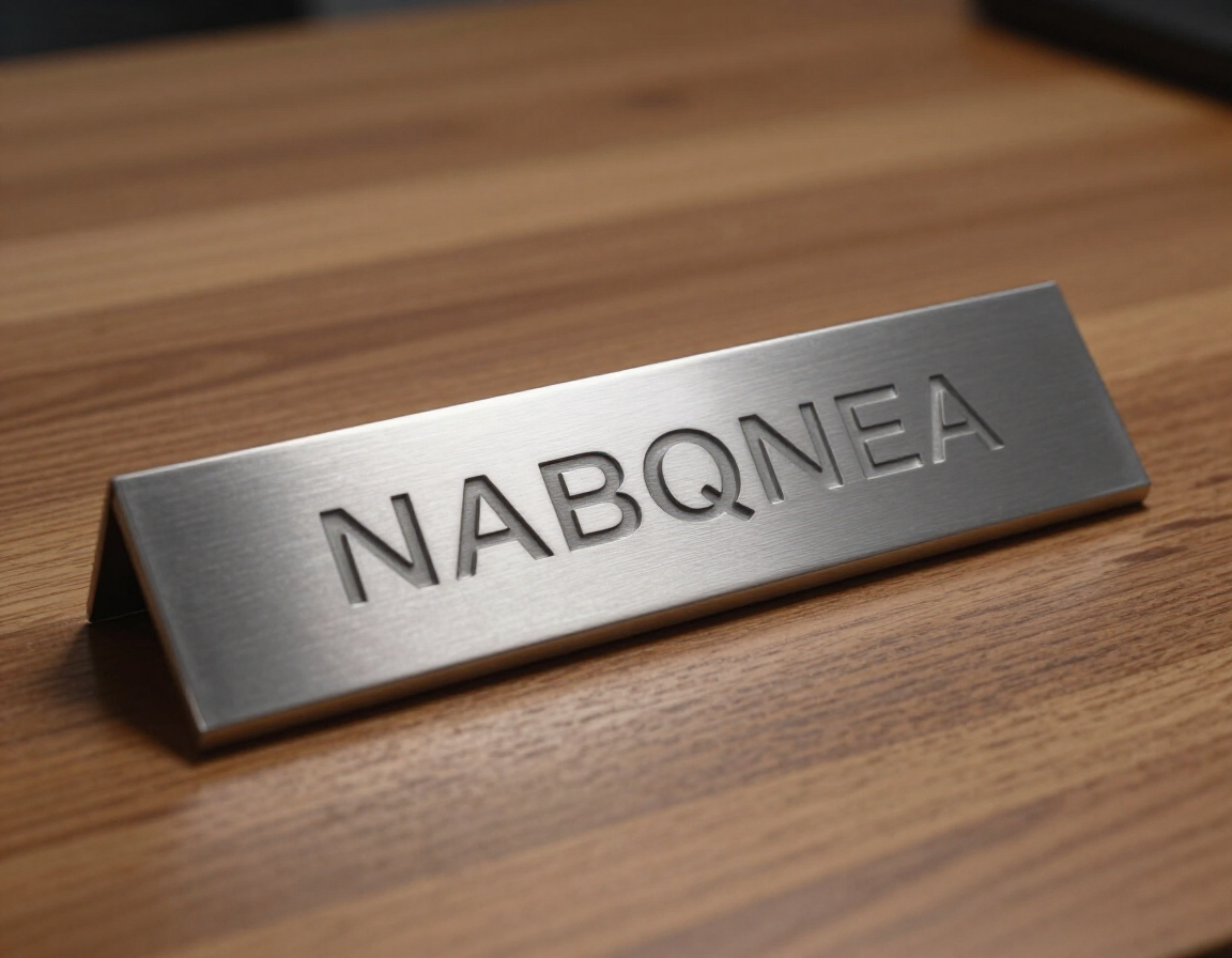 Brushed silver engraved nameplate on desk