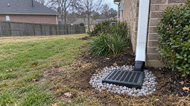 Surface drain connected to a downspout beside a residential lawn