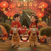 兩個孩子騎著玩具馬,置身於喜慶的戶外環境中,周圍掛著燈籠,並寫著中英文字樣:「馬年快樂」。