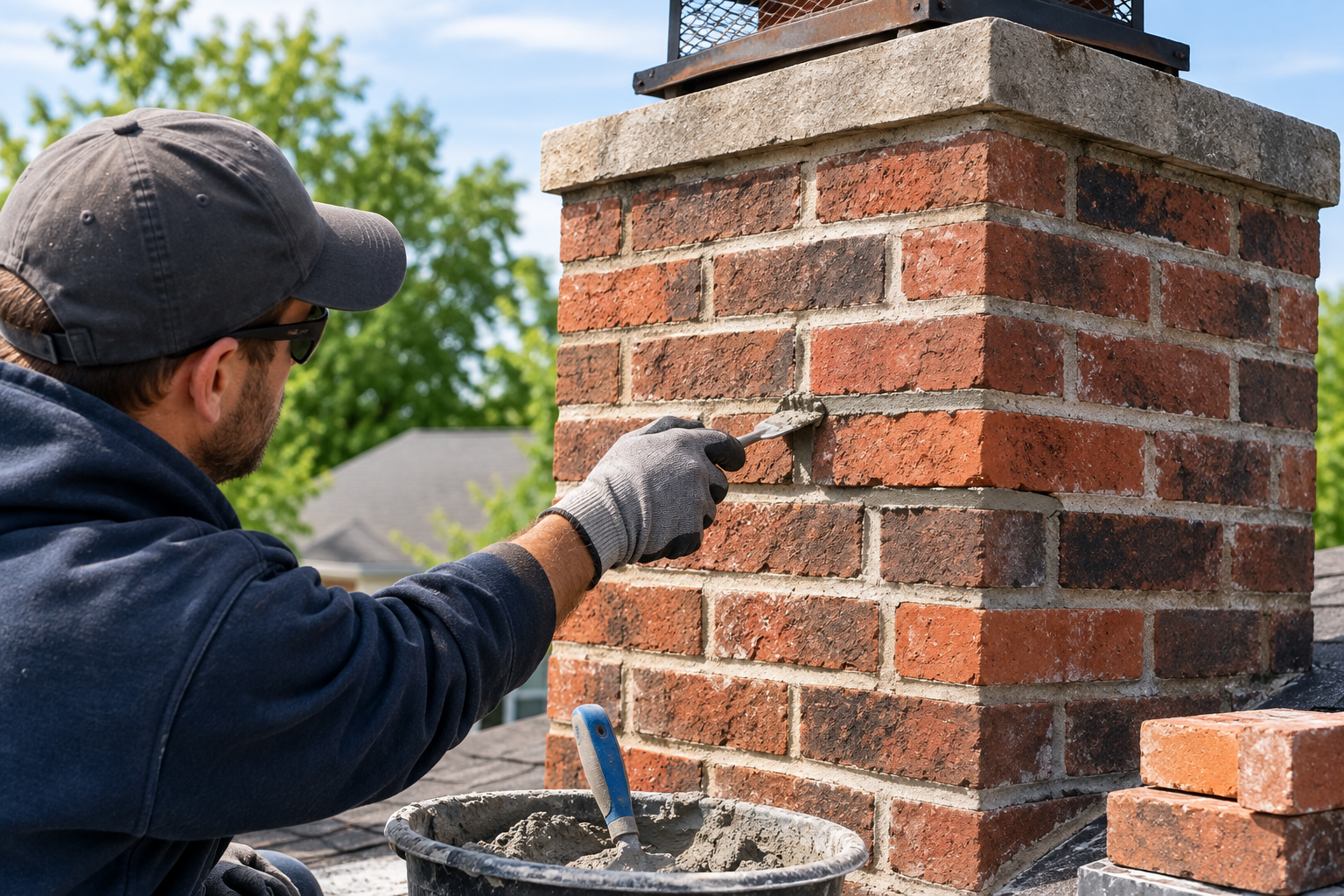 Worker applying mortar to a red brick chimney outdoors