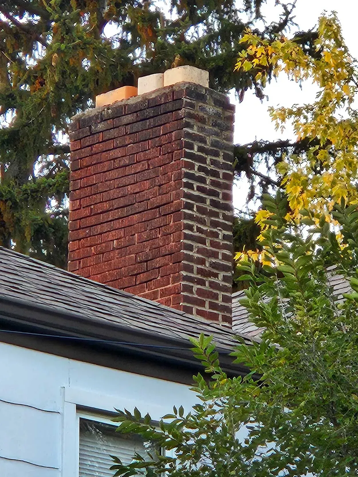Brick chimney above a shingled roof, with trees in the background