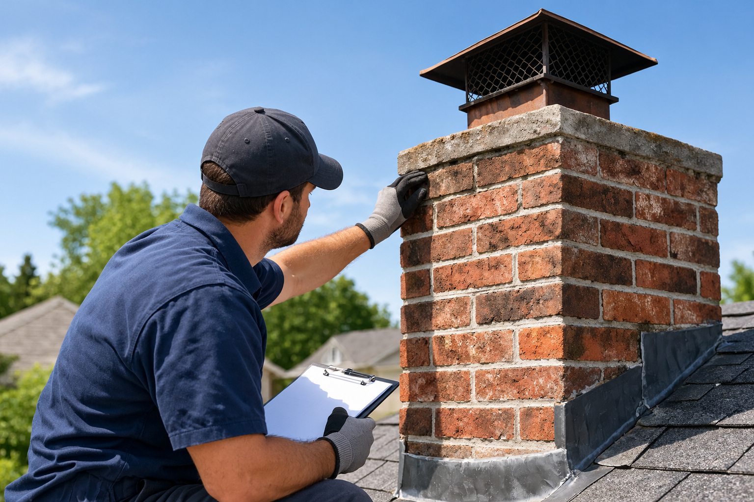 Roof inspector examining a brick chimney on a shingled rooftop with a clipboard