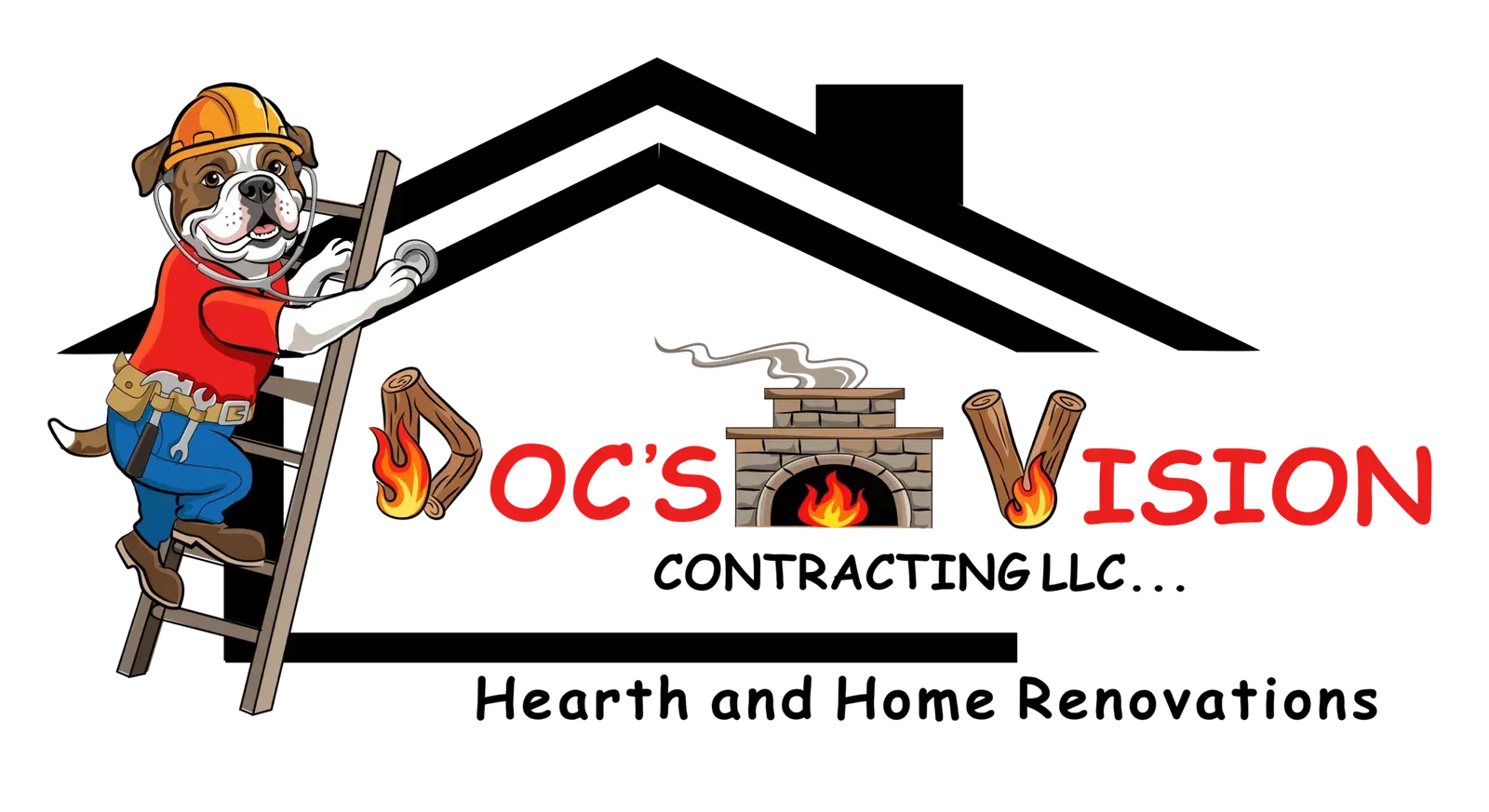 DOC’s Vision Contracting logo with firefighter mascot on ladder and house roof, “Hearth and Home Renovations” text