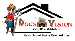 DOC’s Vision contracting logo with roofer mascot and house roof graphic, “Hearth and Home Renovations” text