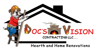 DOC’s Vision Contracting logo with firefighter mascot on ladder and house roof, “Hearth and Home Renovations” text