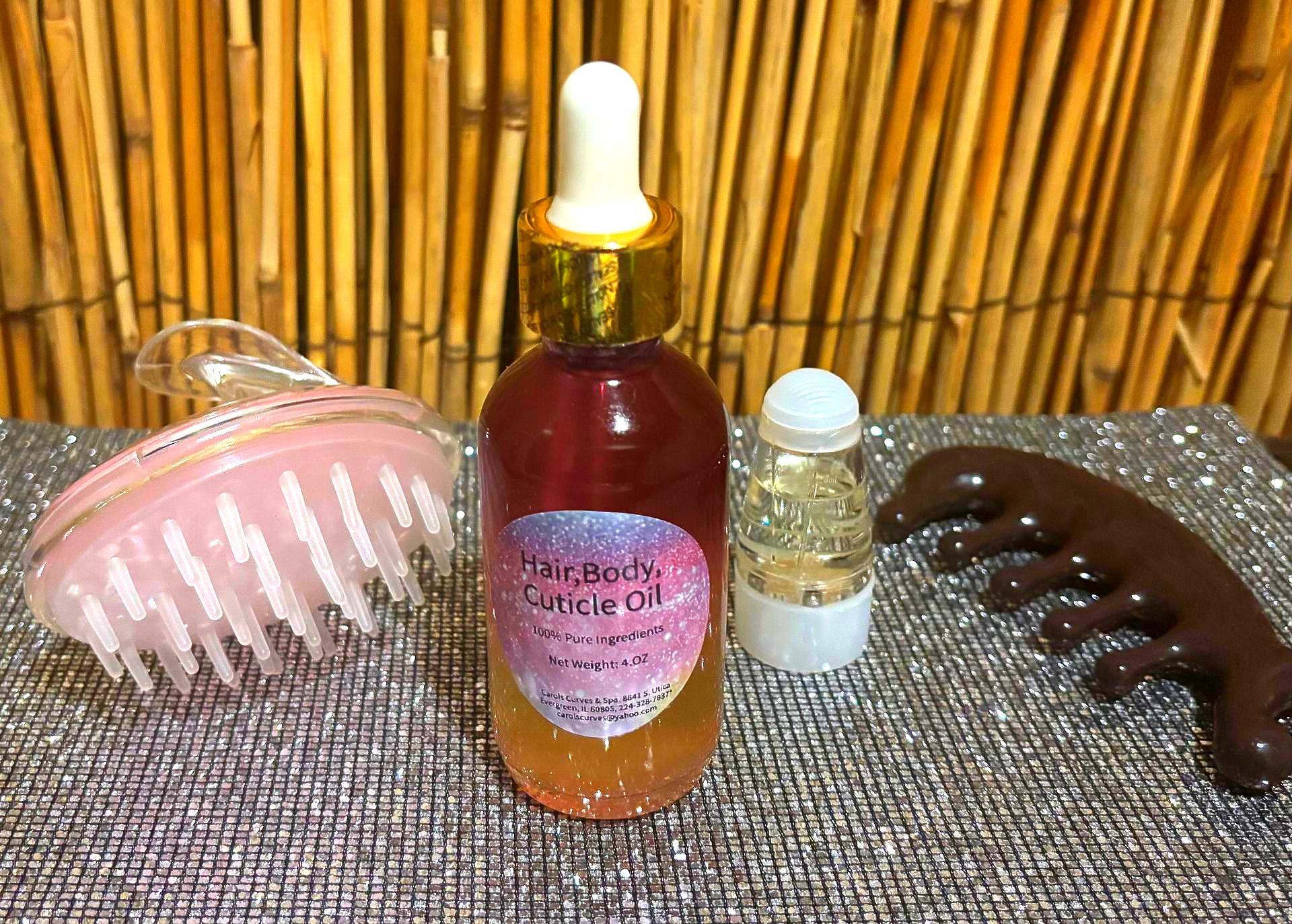Glow All In 1 Body Oil, With Glimmer, All Natural Oils, Paraben Free, Vitamin Enriched, X Large, Deluxe Kit  With Scalp Massager and Oil ApplicatorCan Use Head to Toe