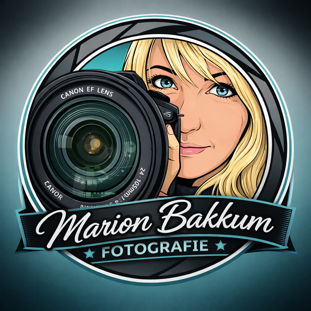 Een rond logo voor Marion Bakkum Fotografie met een afgebeelde persoon die een professionele camera vasthoudt.