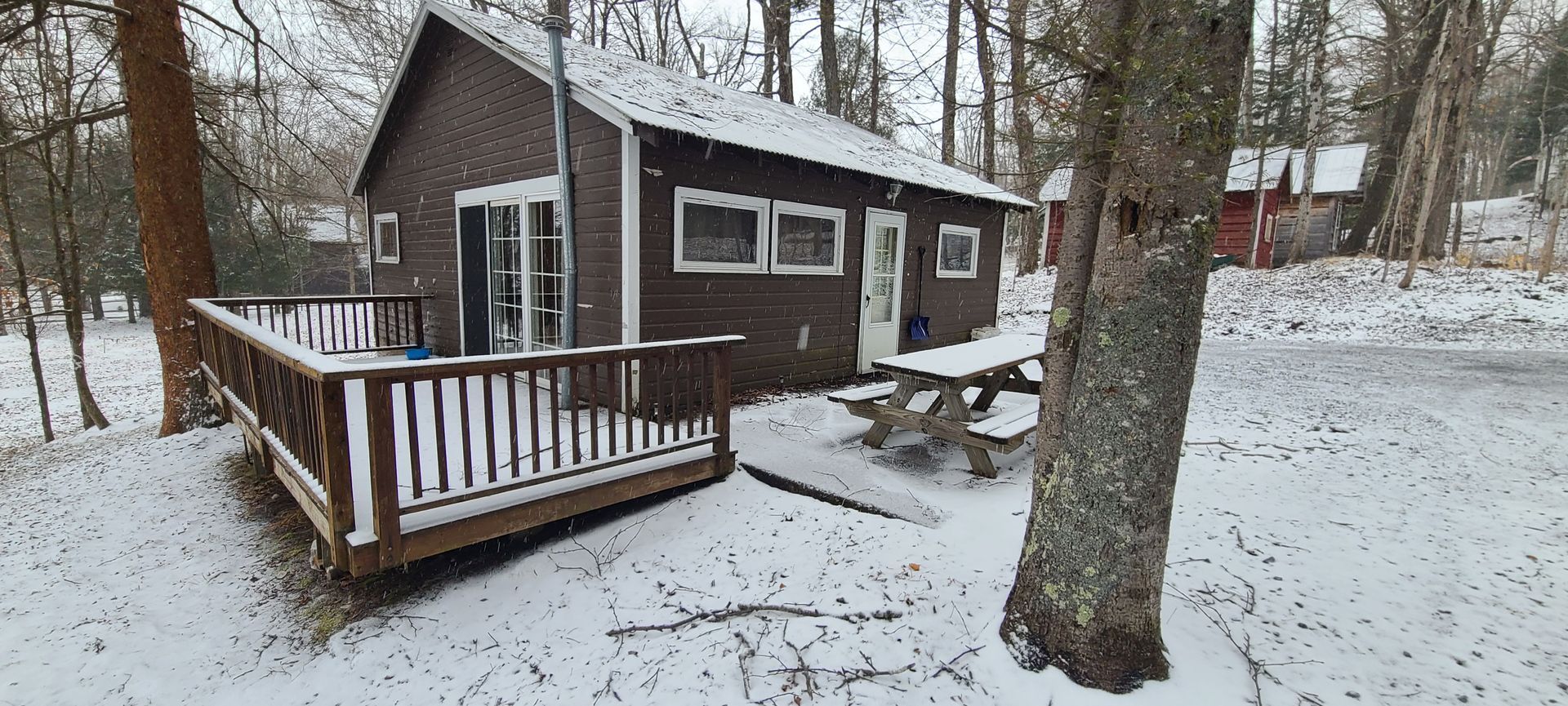 A small house with a deck and a picnic table in the snow.