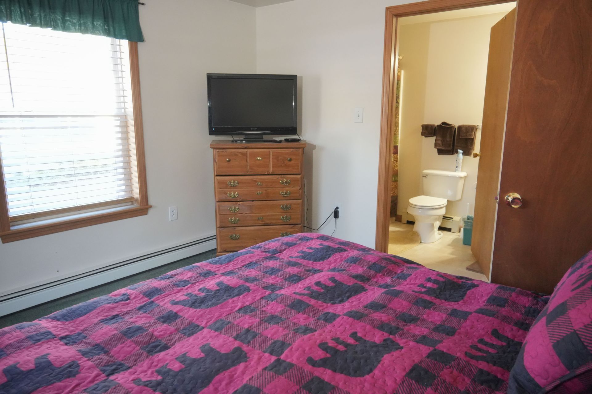 A bedroom with a bed , dresser , television and toilet.