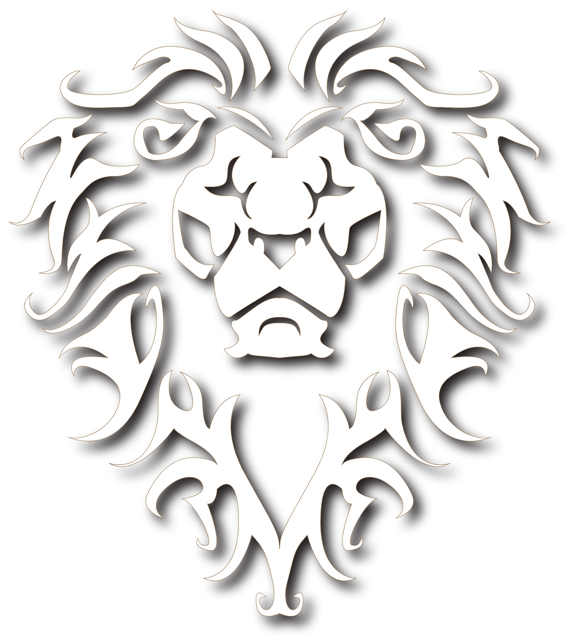White lion emblem with ornate mane and central face.