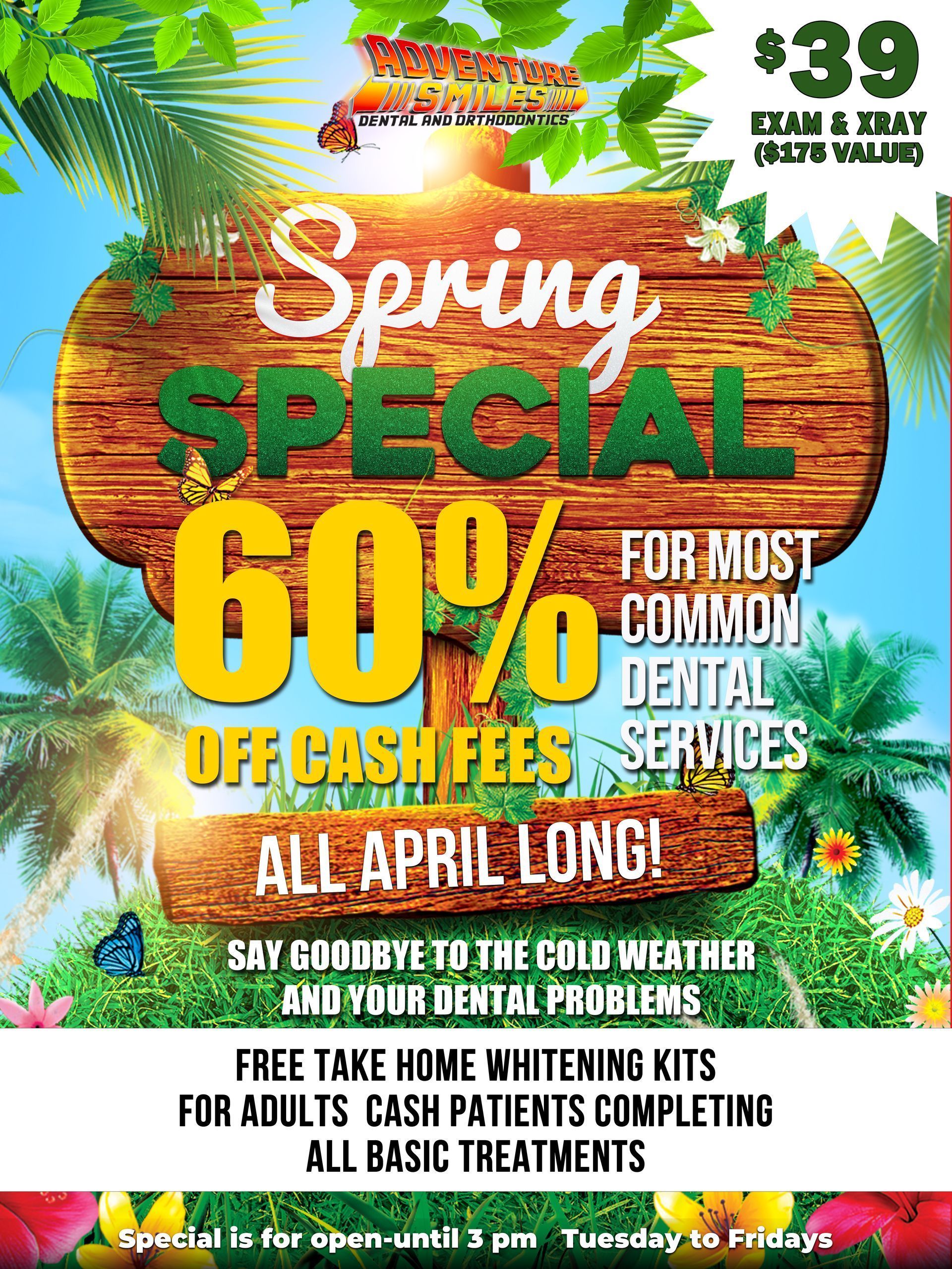Spring dental special: 60% off cash fees for services. Includes exam, X-ray, & free whitening kits. All April long.