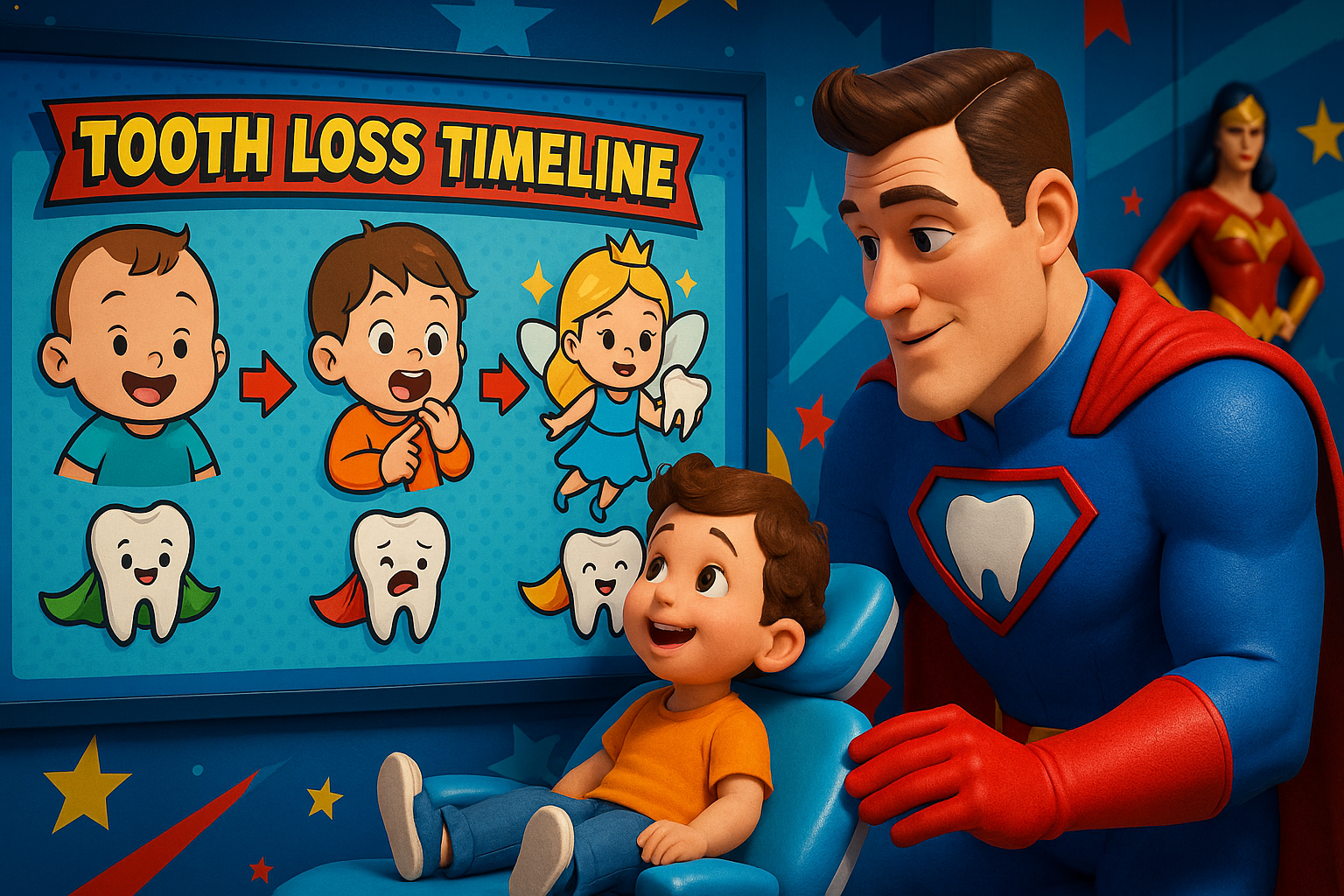 A cartoon-style image of a superhero and a child at a dentist's office, with a tooth loss timeline.