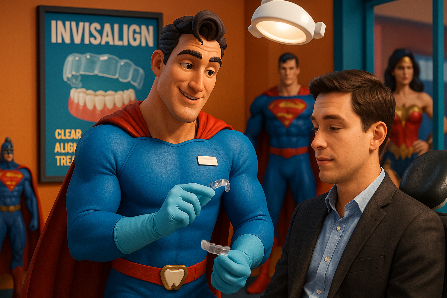 Superman, in a dentist's office, shows Invisalign to a patient. Other heroes stand in the background.