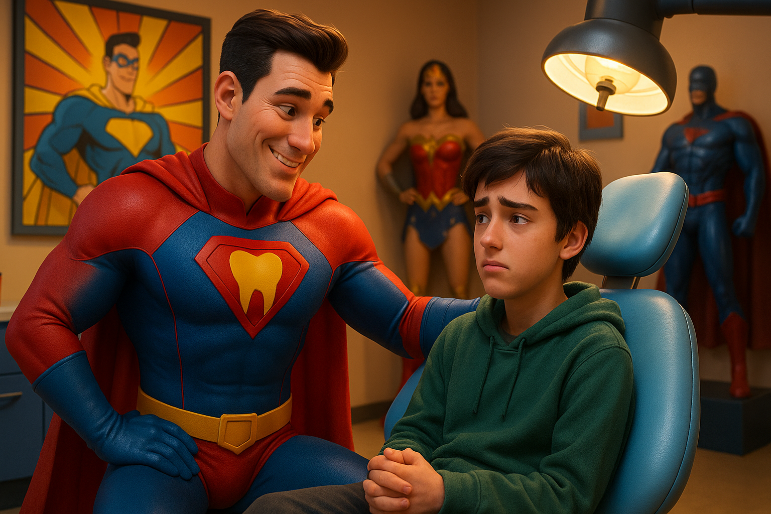 Adventure Smiles Dental & Orthodontics in Houston - A man in a superman costume is talking to a boy in a dental chair.
