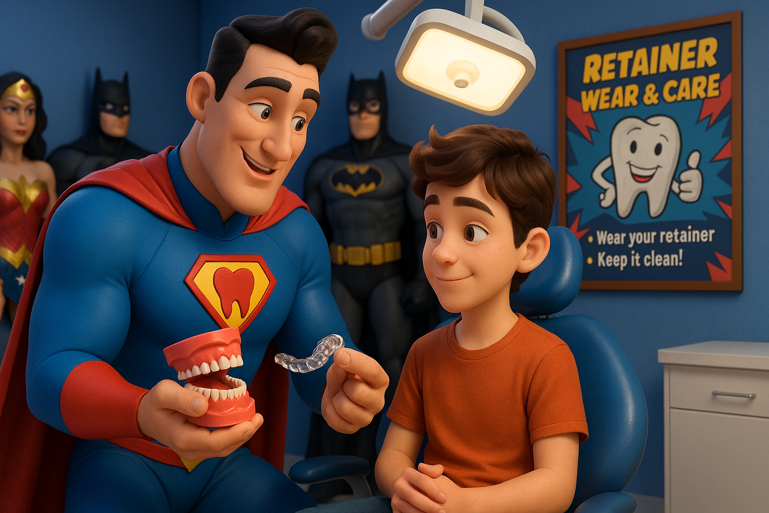 A man in a superman costume is talking to a boy in a dental chair.