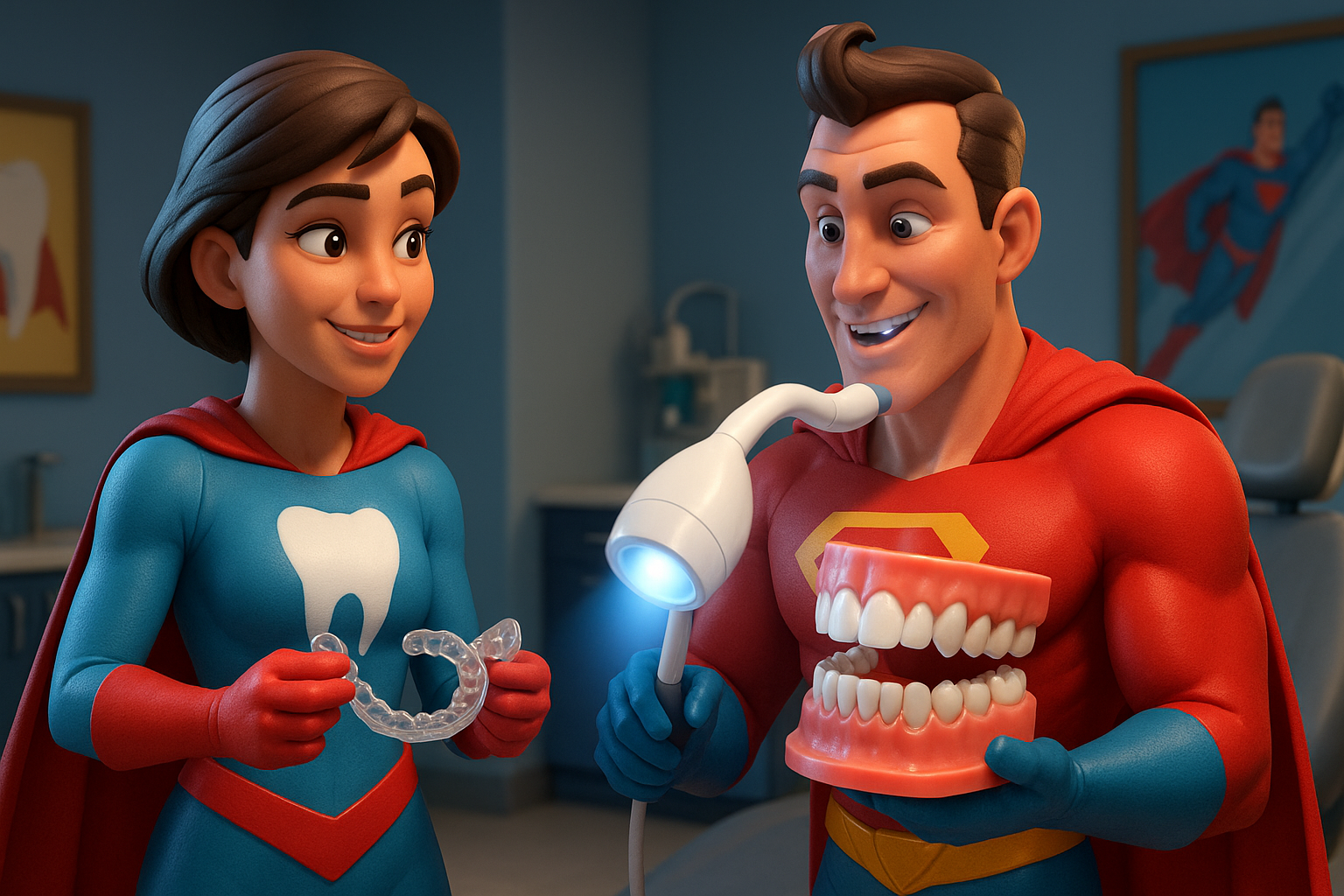 Two costumed dentists: woman holding aligner, man holding teeth model and light, in dentist office.