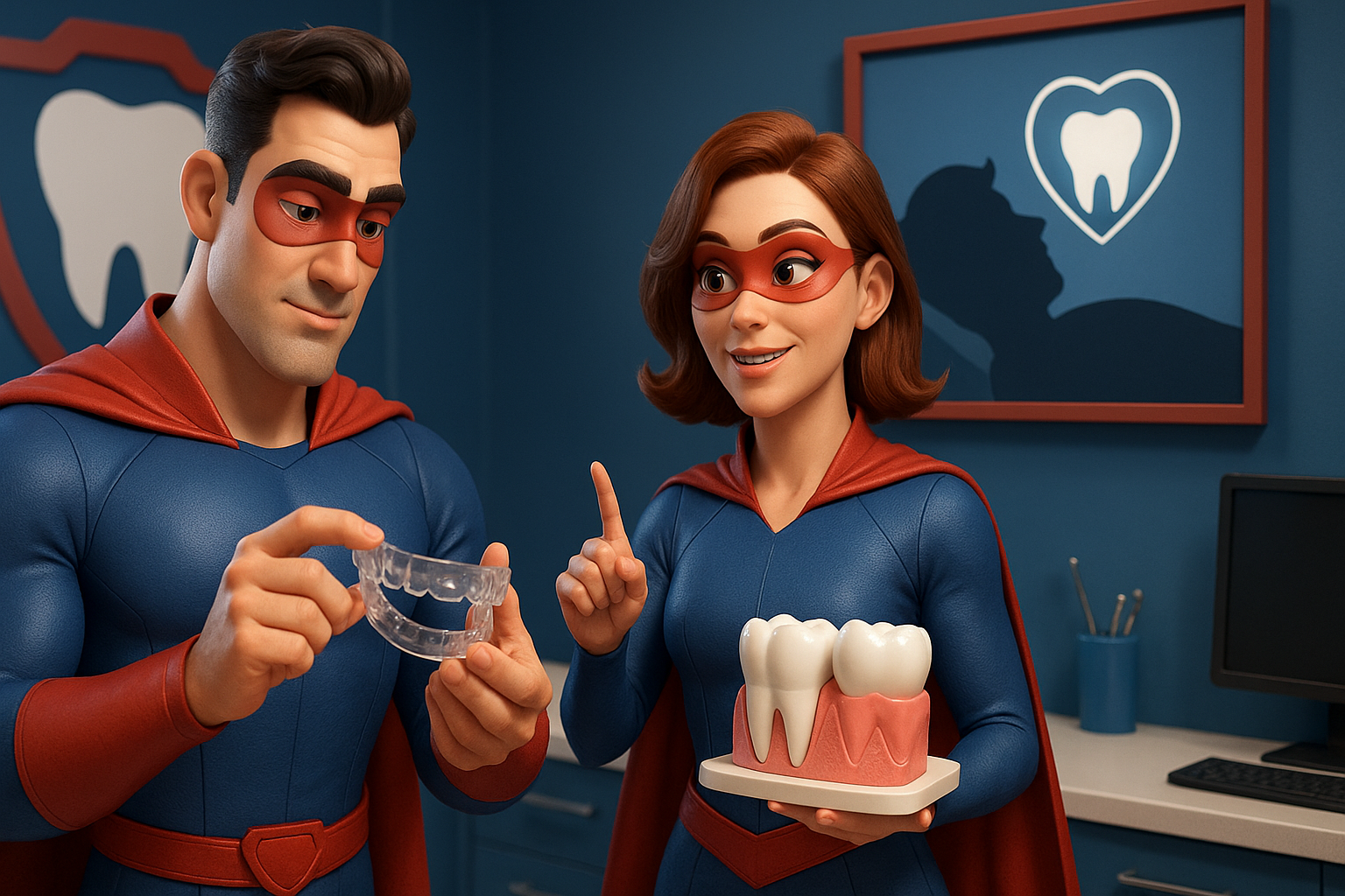Two costumed dental professionals holding dental models, inside a dental office.
