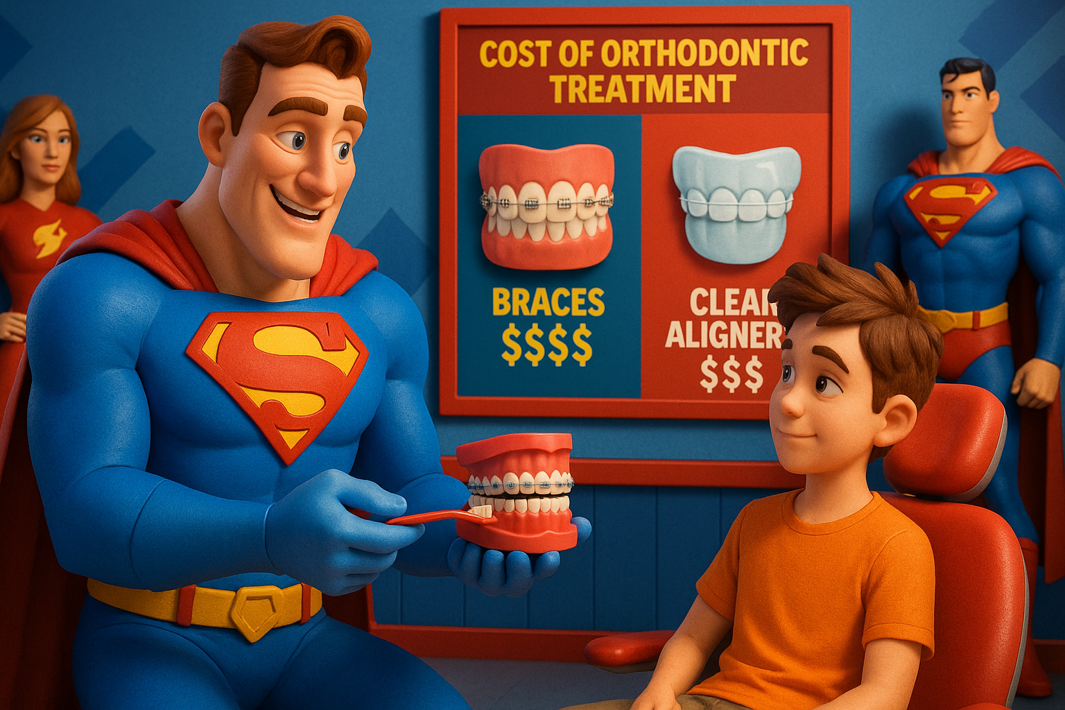 Superman showing a boy a model of teeth with braces, discussing the cost of orthodontics in a dentist’s office.