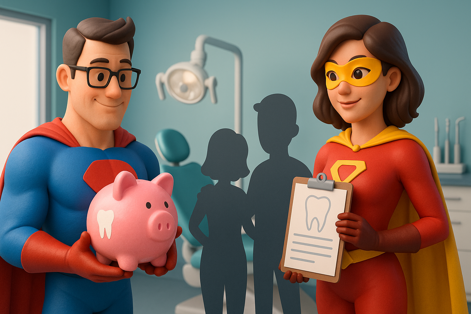 Two costumed figures with a piggy bank and dental chart in a dentist's office, with silhouetted patients.