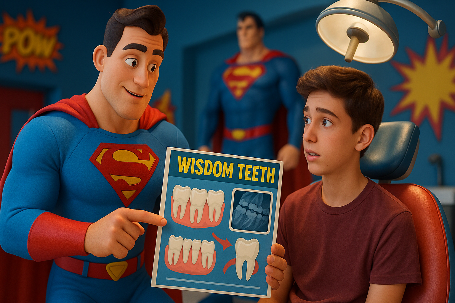 Superman shows a teen a diagram of wisdom teeth in a dentist's office. Another Superman stands in the background.