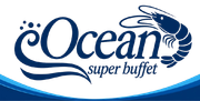 Ocean Super Buffet logo in blue with stylized wave and seafood graphic on white background