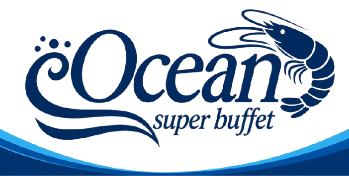 Ocean Super Buffet logo in blue with stylized wave and seafood graphic on white background