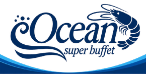Ocean Super Buffet logo in blue with stylized wave and seafood graphic on white background
