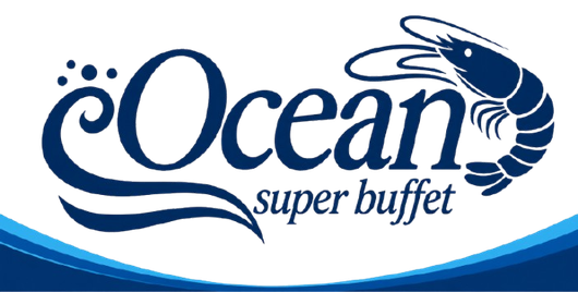 Ocean Super Buffet logo in blue with stylized wave and seafood graphic on white background