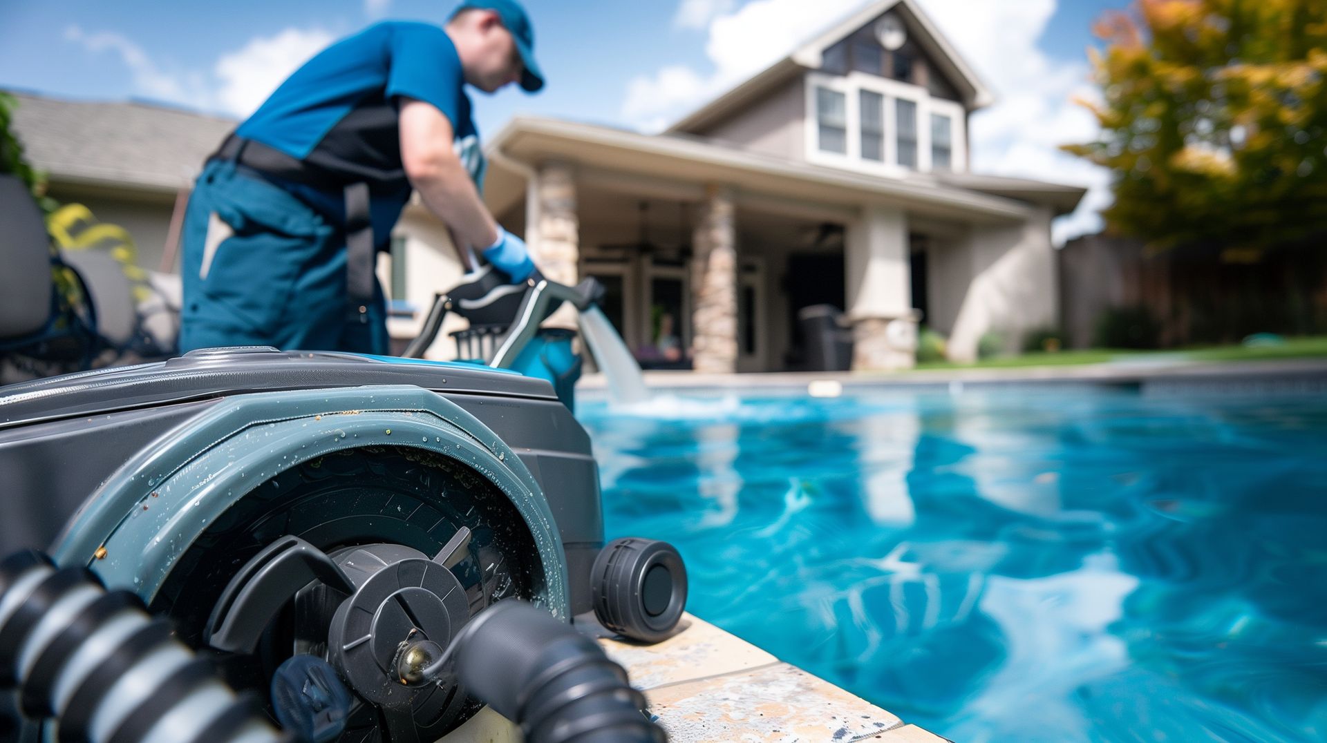 A man is cleaning a swimming pool with a vacuum cleaner.