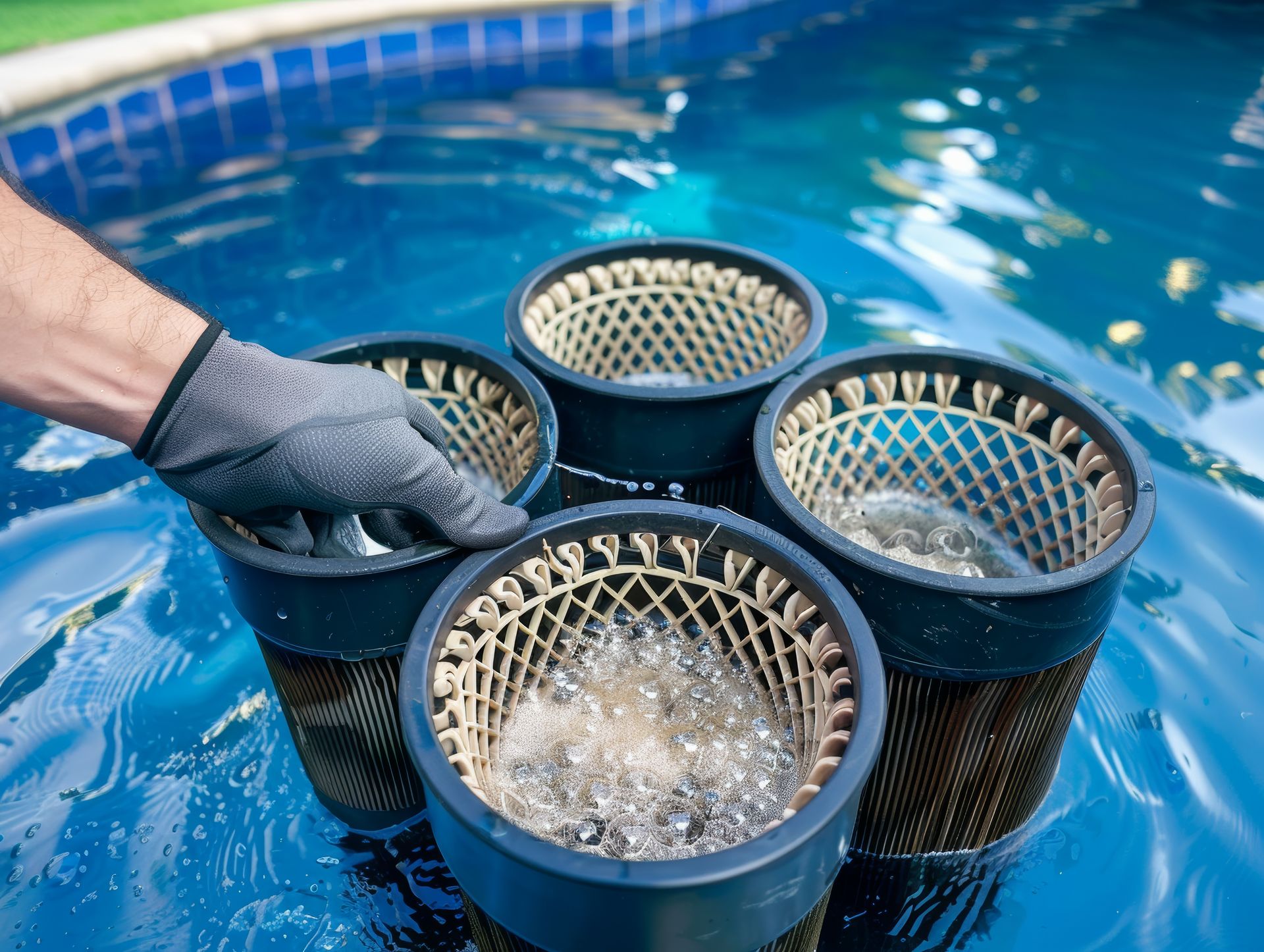 A person is cleaning three baskets in a swimming pool.