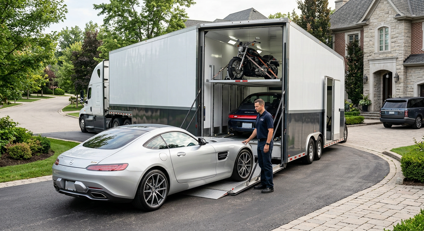 Enclosed semi truck to transport premium autos and motorcycles.