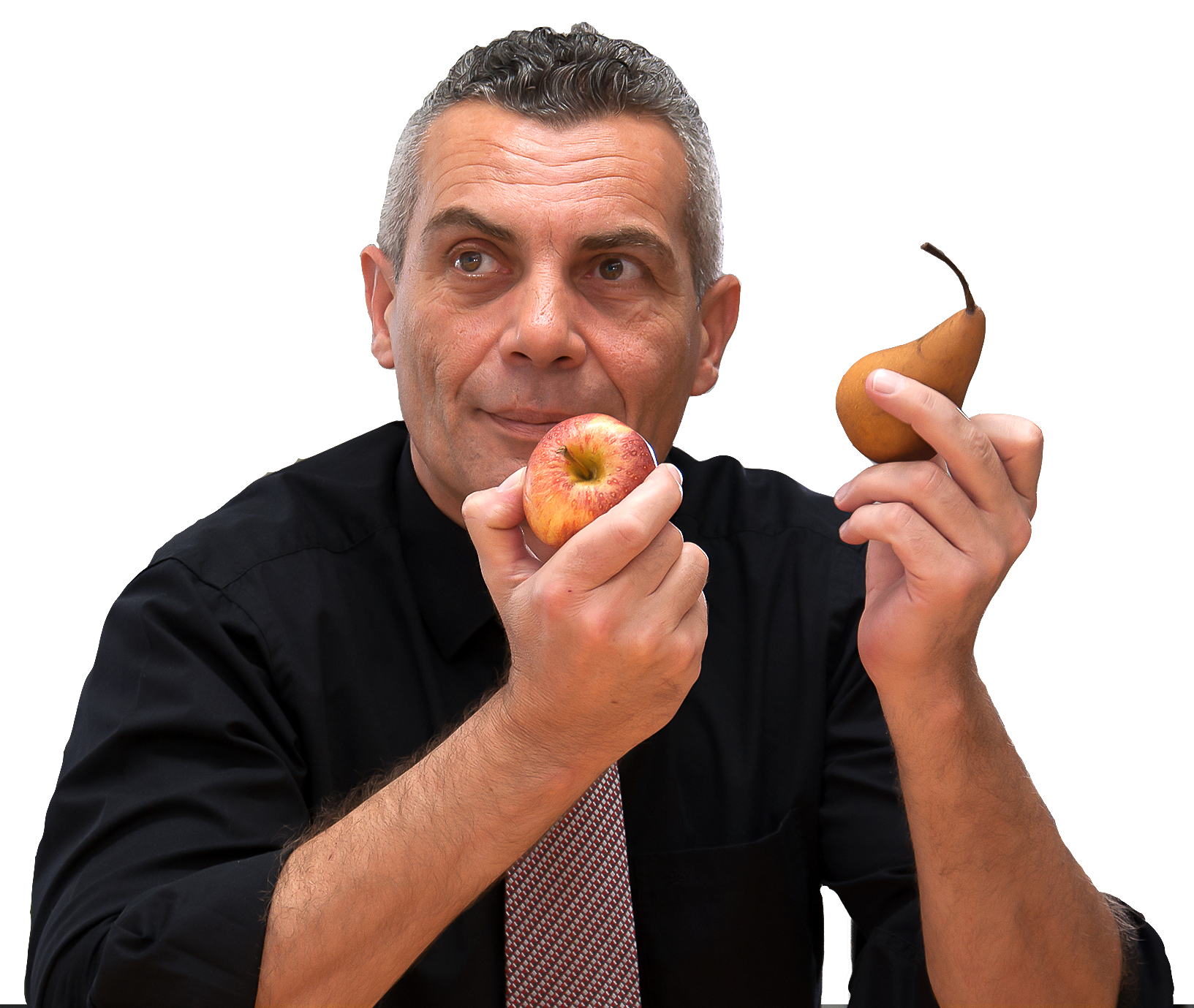 Andreas M. Montemitro hält einen Apfel und eine Birne