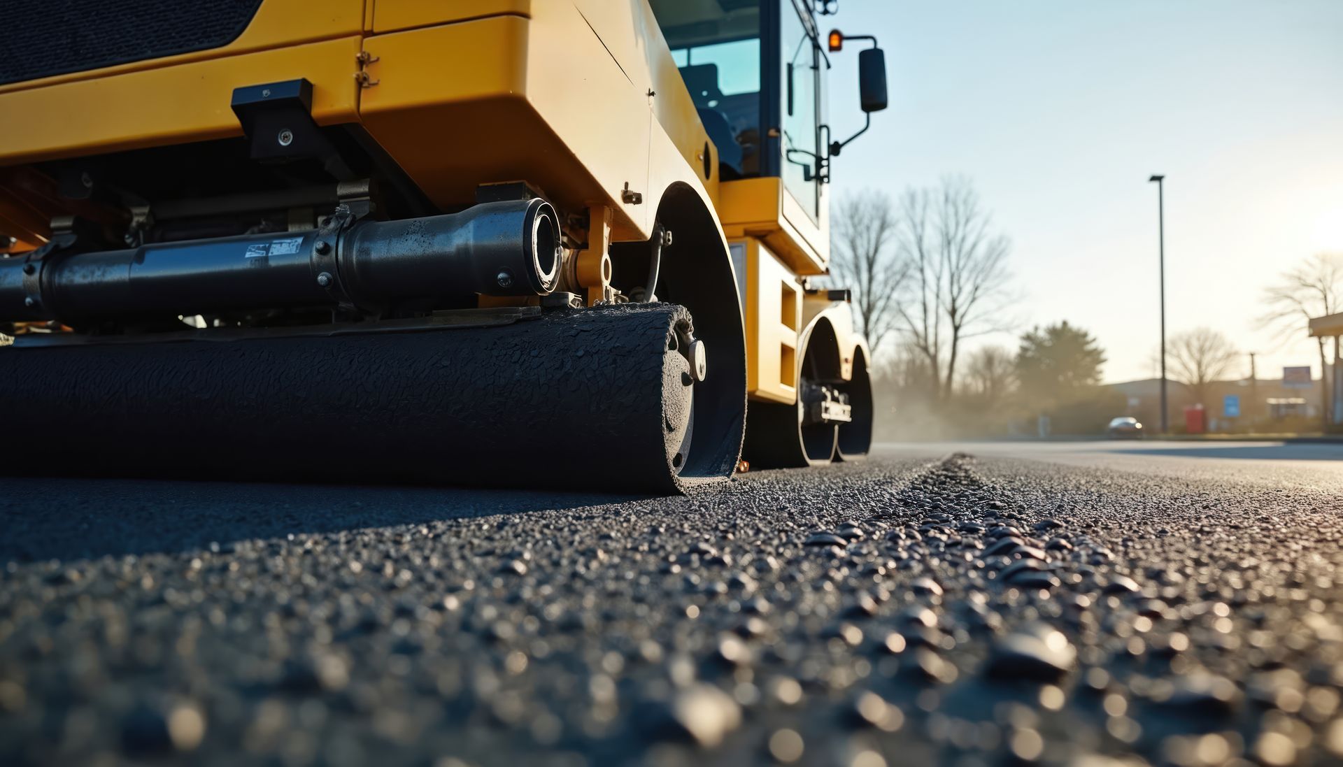 Heavy asphalt roller compacting fresh pavement on a commercial paving project Heavy asphalt roller compacting fresh pavement on a commercial paving project