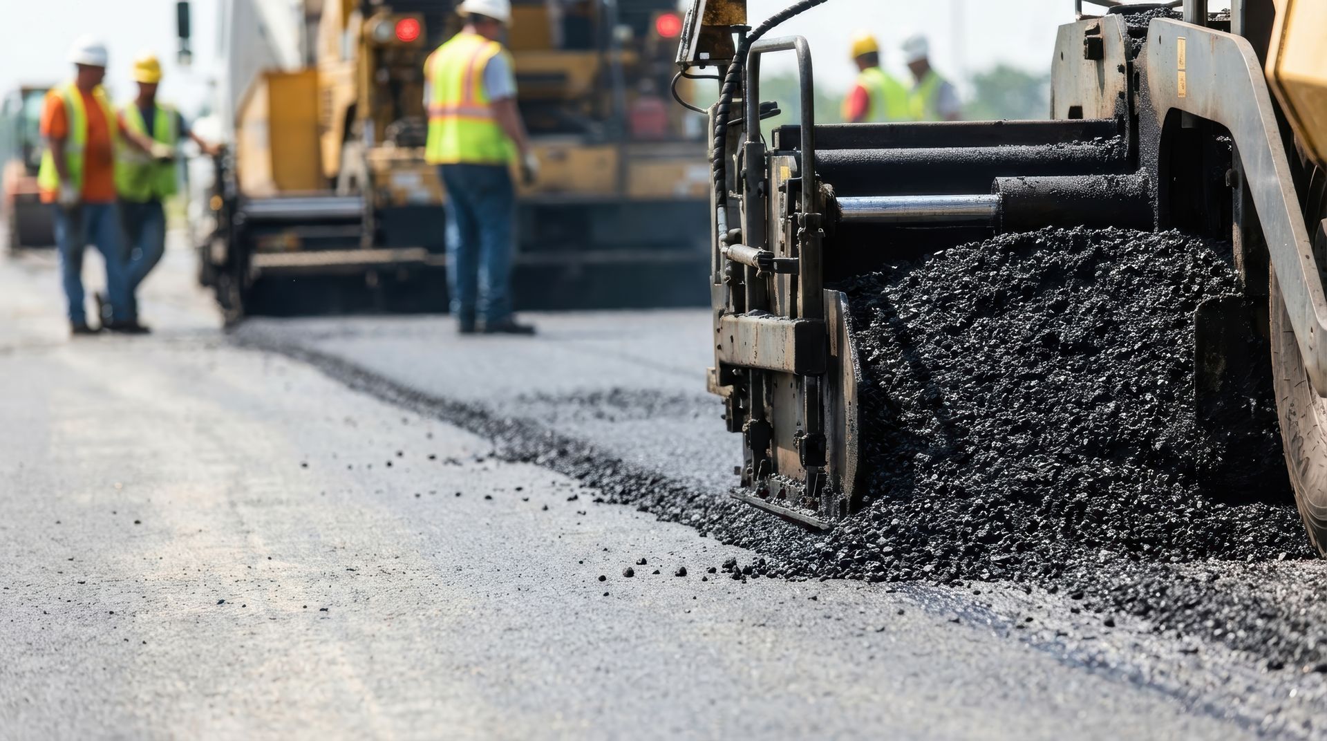 Paving crew in high-visibility gear operating asphalt paving equipment during a commercial road paving project Paving crew in high-visibility gear operating asphalt paving equipment during a commercial road paving project