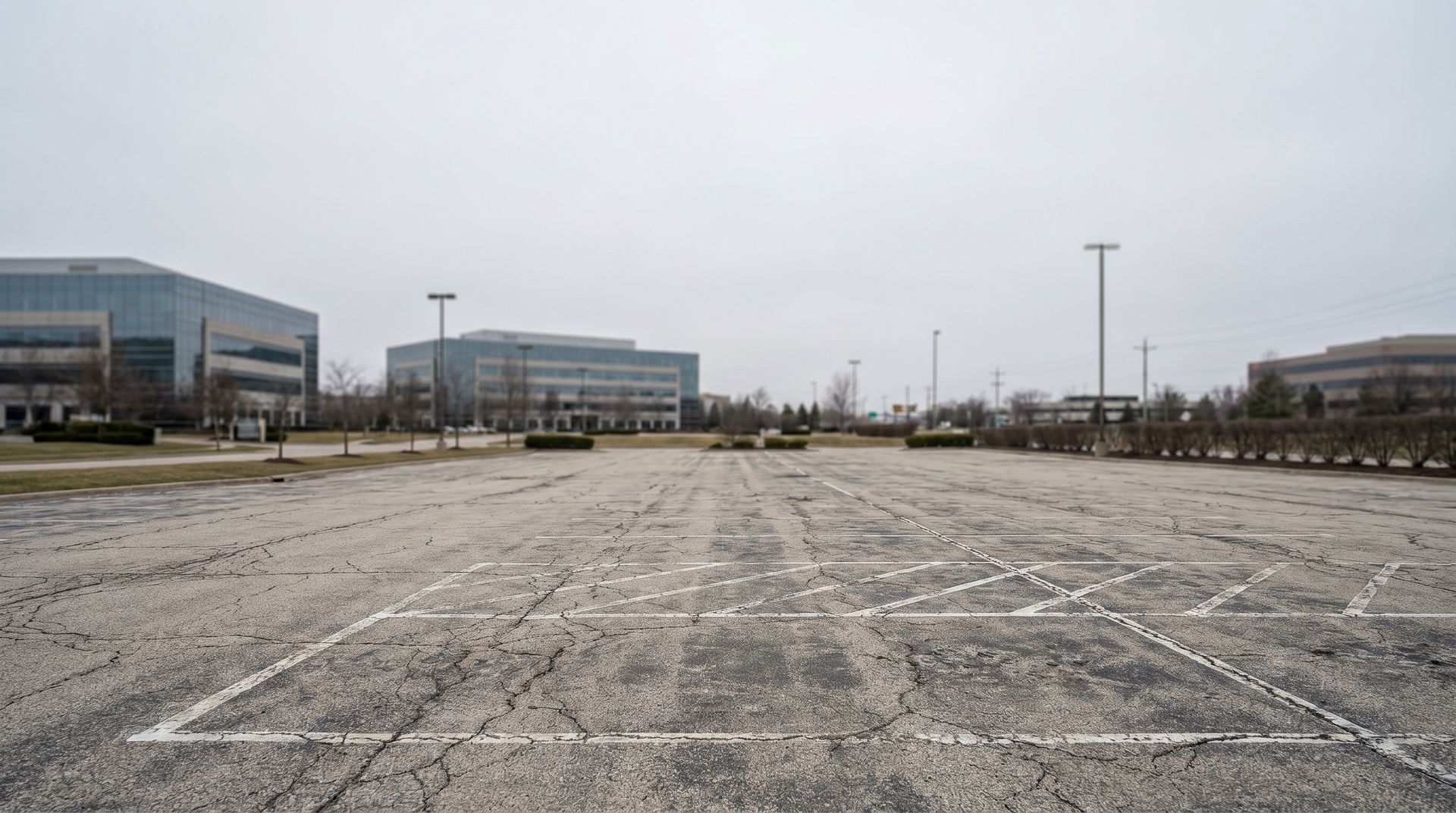 Deteriorated commercial parking lot with cracked and faded asphalt surface in need of repair or repl