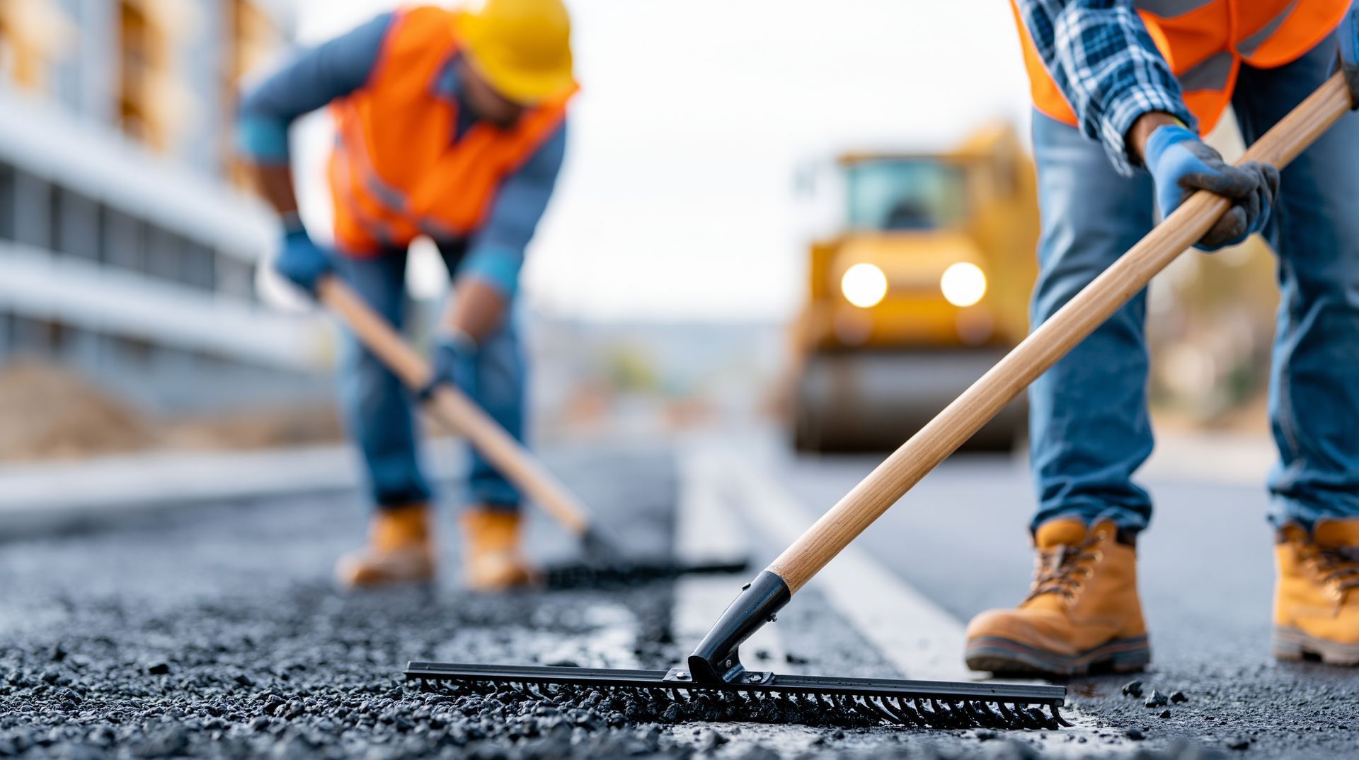 Paving crew in high-visibility gear hand-raking fresh asphalt during a commercial paving installation Paving crew in high-visibility gear hand-raking fresh asphalt during a commercial paving installation