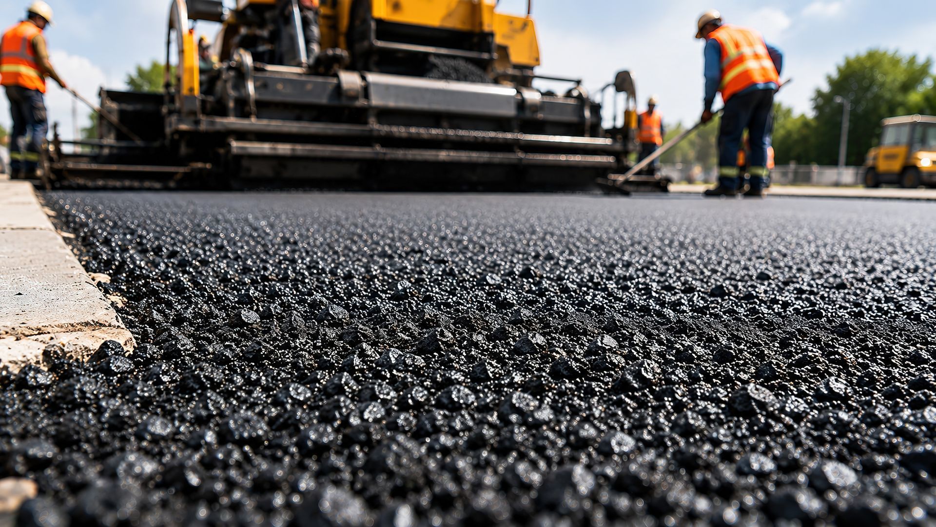 Paving crew laying fresh asphalt with a paver on a commercial lot in Tampa, FL.