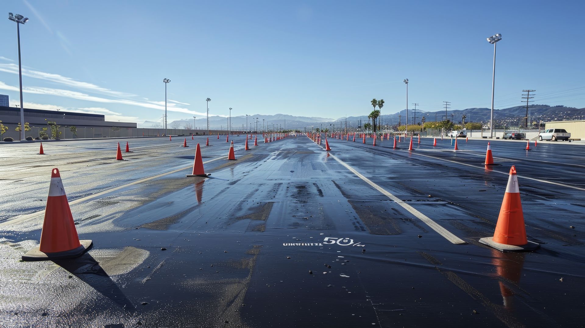 Freshly sealed commercial parking lot with traffic cones marking wet asphalt during a paving mainten