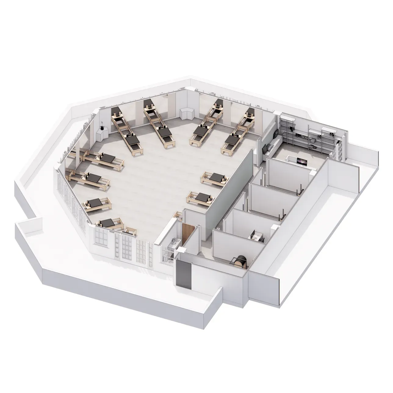 An aerial view of a gym with treadmills in a circle