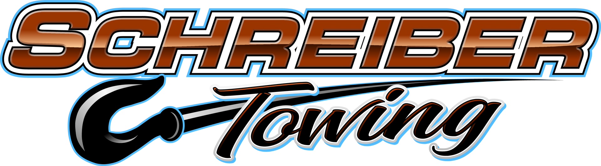 Schreiber Towing logo in orange, black, and blue script on a white background