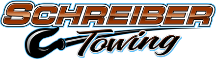 Schreiber Towing logo in orange, black, and blue italic text on a white background